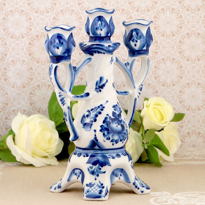 Подсвечник «Романс», 3-х рожковый, 17,5х25 см, гжель