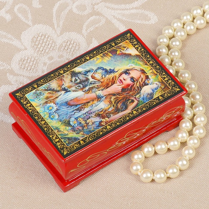 Шкатулка «Лесная дева», 6×9×3,5 см, красная, лаковая миниатюра