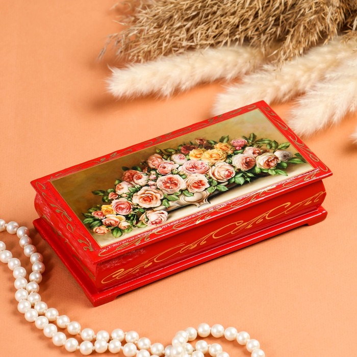 Шкатулка - купюрница «Розы в вазе», красная, 8,5×17 см, лаковая миниатюра шкатулка пионы в вазе 8×10 см лаковая миниатюра