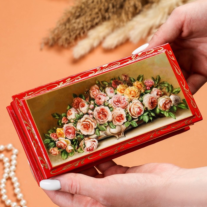 Шкатулка - купюрница «Розы в вазе», красная, 8,5×17 см, лаковая миниатюра