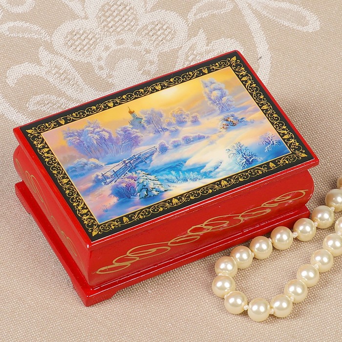 Шкатулка «Зимняя краса», красная, 6×9 см, лаковая миниатюра