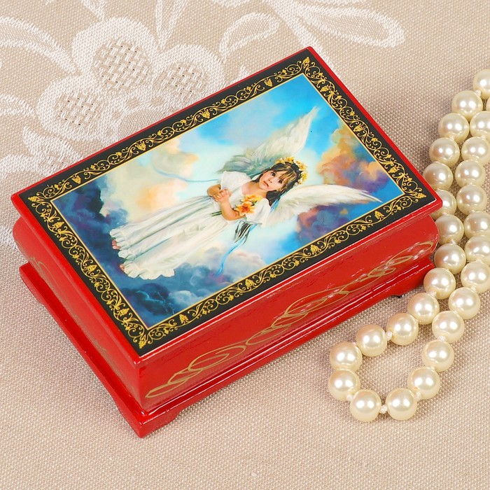 Шкатулка «Ангелок с цветами», красная, 6×9 см, лаковая миниатюра