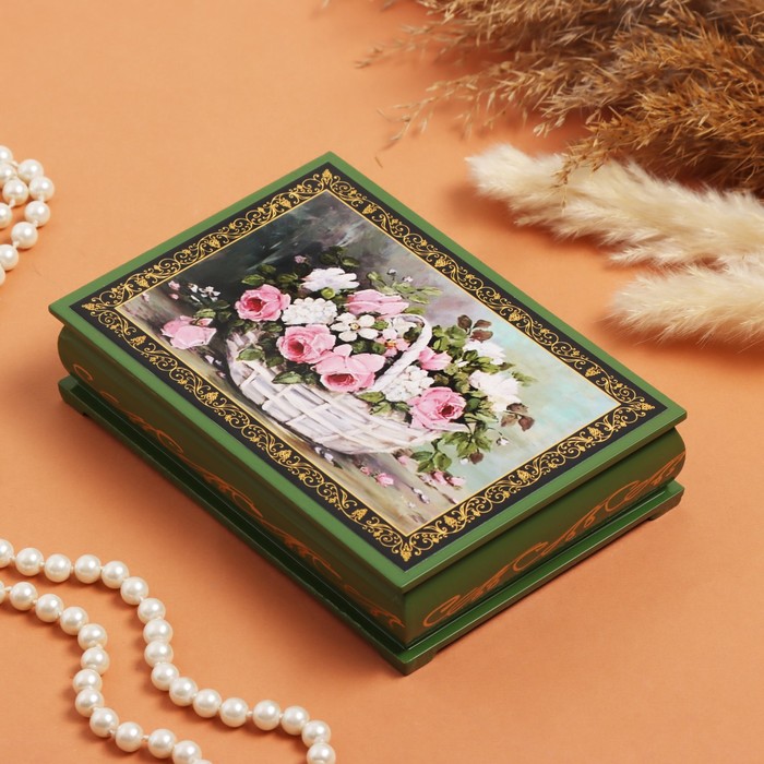 Шкатулка «Розы с полевыми цветами в корзине», зелёная, 11×16 см, лаковая миниатюра