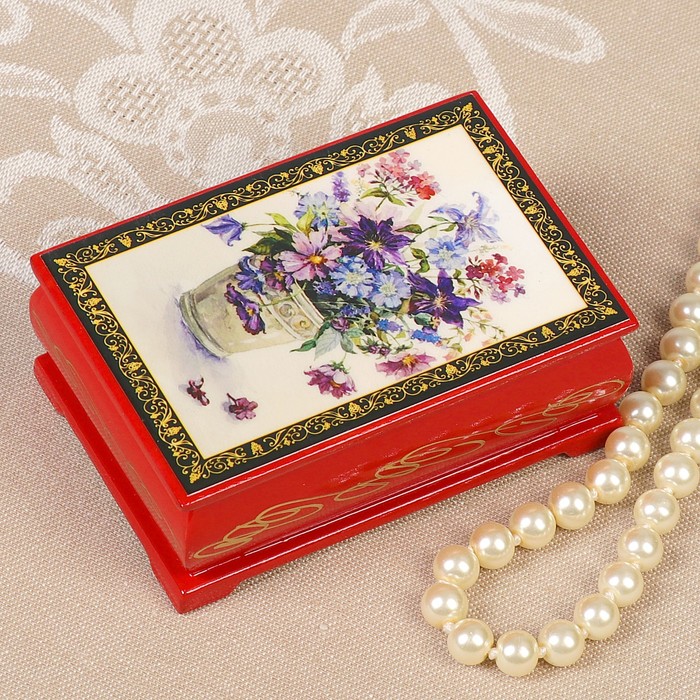 Шкатулка «Букет цветов», красная, 6×9 см, лаковая миниатюра