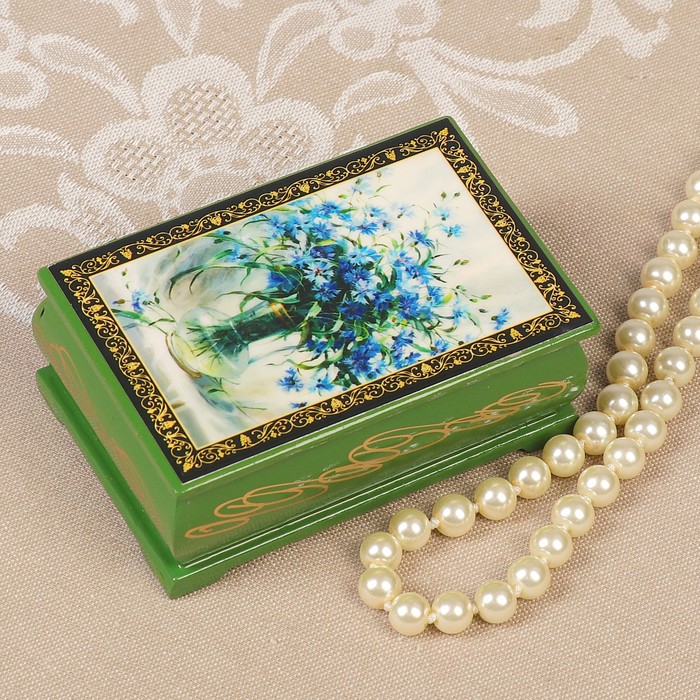 Шкатулка «Васильки», зелёная, 6×9 см, лаковая миниатюра