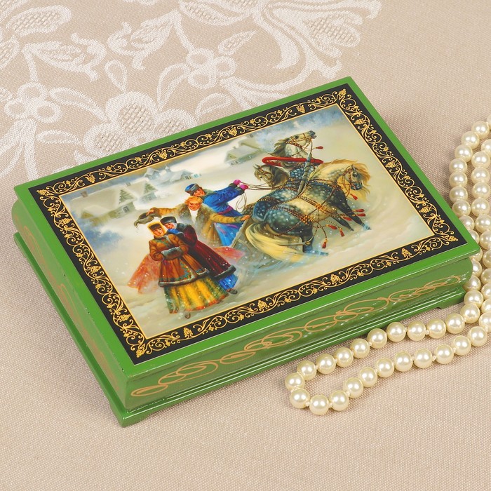 Шкатулка «Барыни», зелёная, 11×16 см, лаковая миниатюра