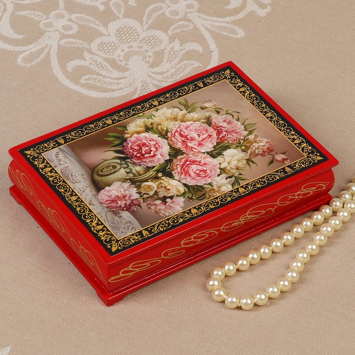 Шкатулка «Бело-розовые цветы», красная, 11×16 см, лаковая миниатюра