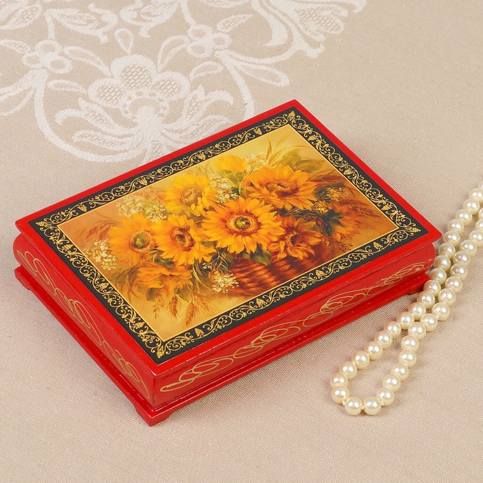Шкатулка «Подсолнухи», красная, 11×16 см, лаковая миниатюра