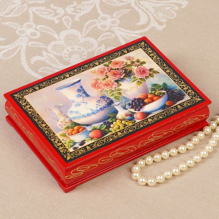 Шкатулка «Натюрморт», 11х16х5,5 см, красная, лаковая миниатюра
