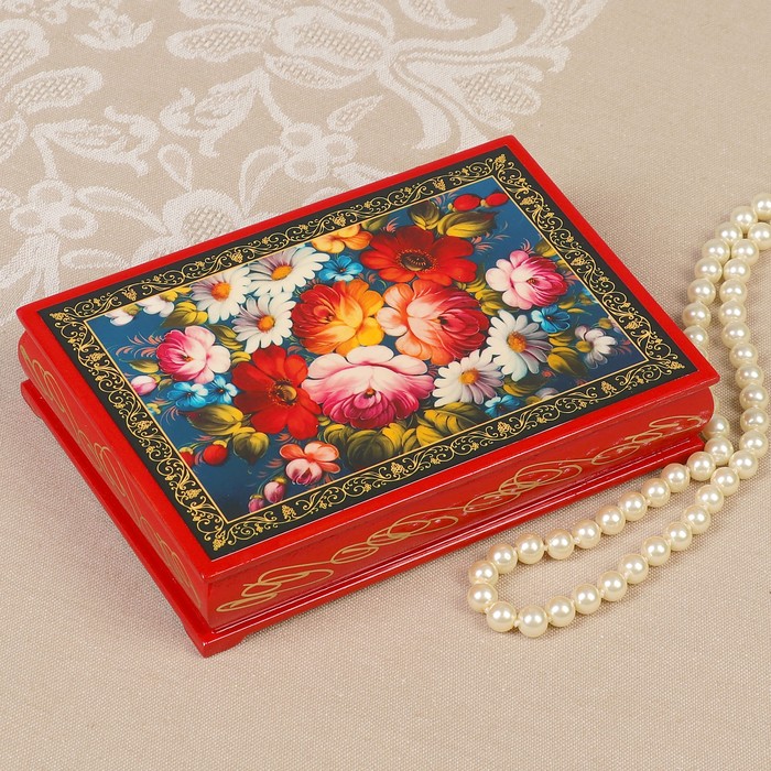 Шкатулка «Жостово», красная, 11×16 см, лаковая миниатюра