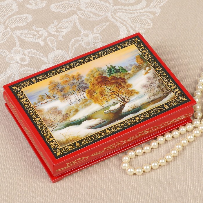 Шкатулка «Весенний лес», 11х16х5,5 см, красная, лаковая миниатюра