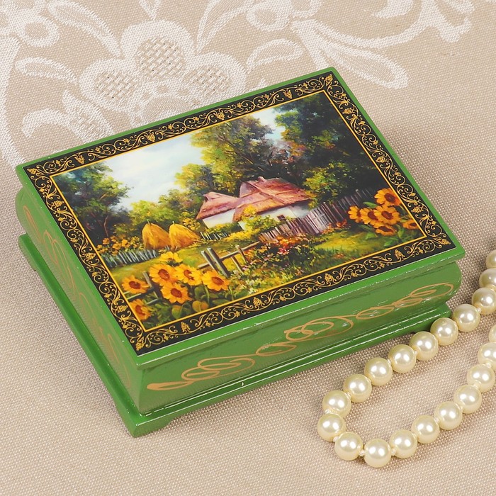 Шкатулка «Летняя деревня», зелёная,, 8×10,5 см лаковая миниатюра