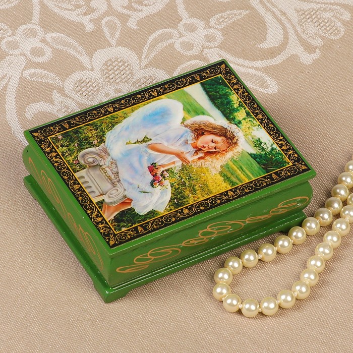 Шкатулка «Ангелочек на колонне», зелёная, 8×10,5 см, зелёная, лаковая миниатюра
