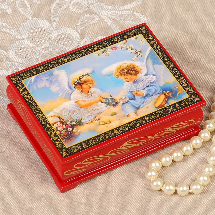 Шкатулка «Ангельская трапеза», красная, 8×10,5 см, лаковая миниатюра