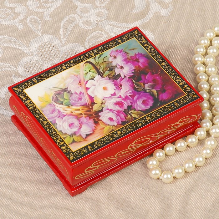 Шкатулка «Пионы в корзине», красная, 8×10,5 см, лаковая миниатюра