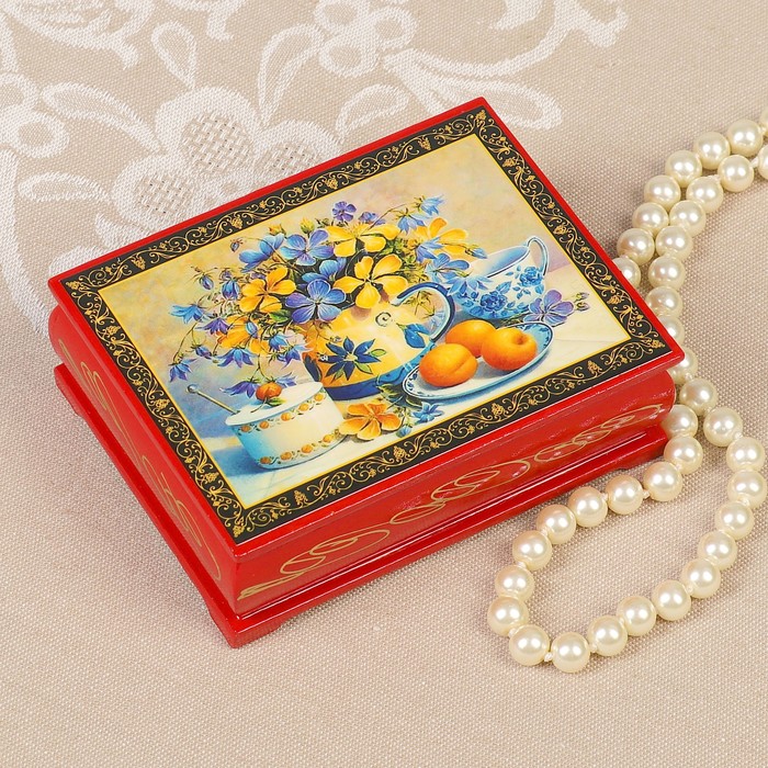 Шкатулка «Утренняя трапеза», 8×10,5×4,5 см, красная, лаковая миниатюра