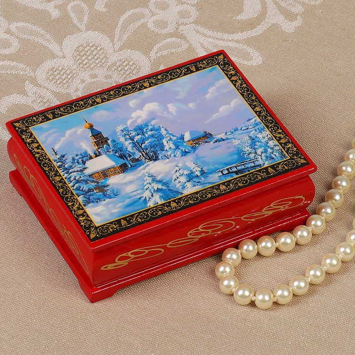 Шкатулка «Зимняя деревня», красная, 8×10,5 см, лаковая миниатюра