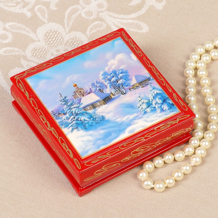 Шкатулка «Зимняя деревня», красная, 10х10 см, лаковая миниатюра