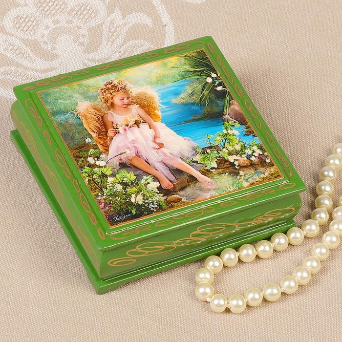 Шкатулка «Ангелочек у ручья», зелёная, 10×10см, лаковая миниатюра