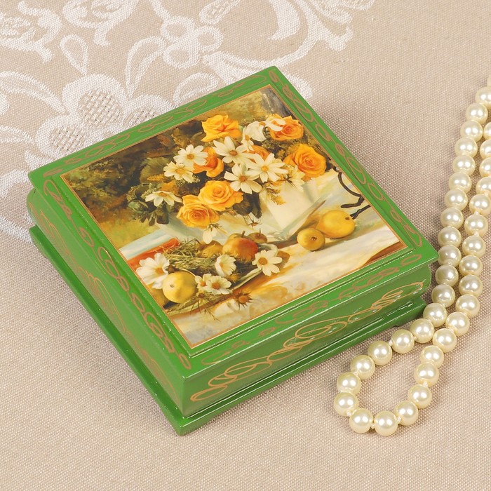 Шкатулка «Летний мотив», зелёная, 10×10 см, лаковая миниатюра