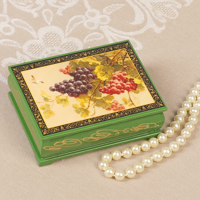 Шкатулка «Виноград», зелёная, 8×10,5 см, зелёная, лаковая миниатюра