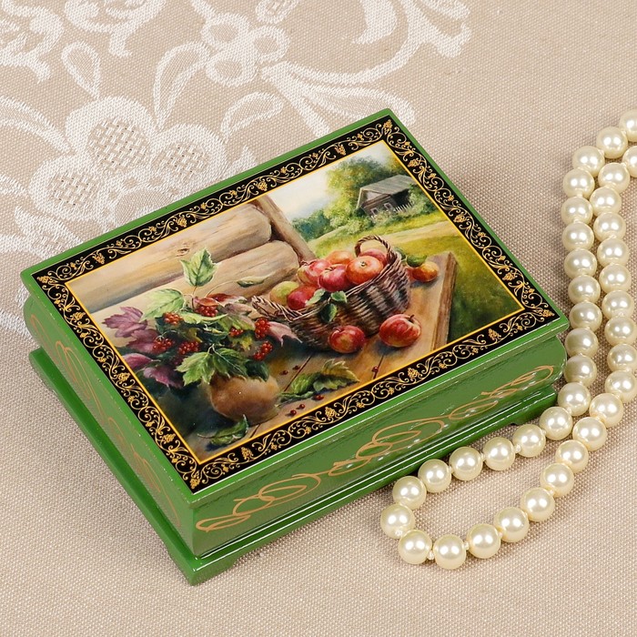 Шкатулка «Дары лета», зелёная, 8х10,5 см, лаковая миниатюра
