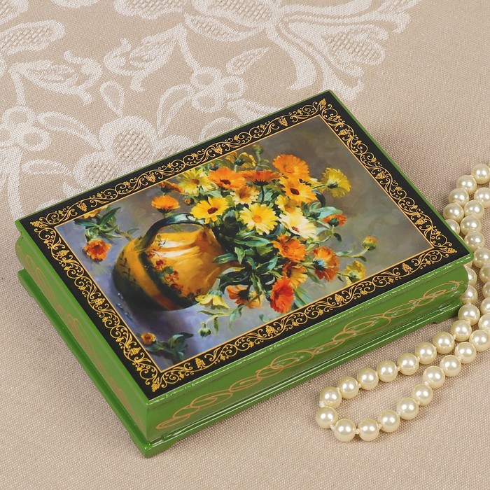 Шкатулка «Герберы в кувшине», зелёная, 10×14 см, лаковая миниатюра