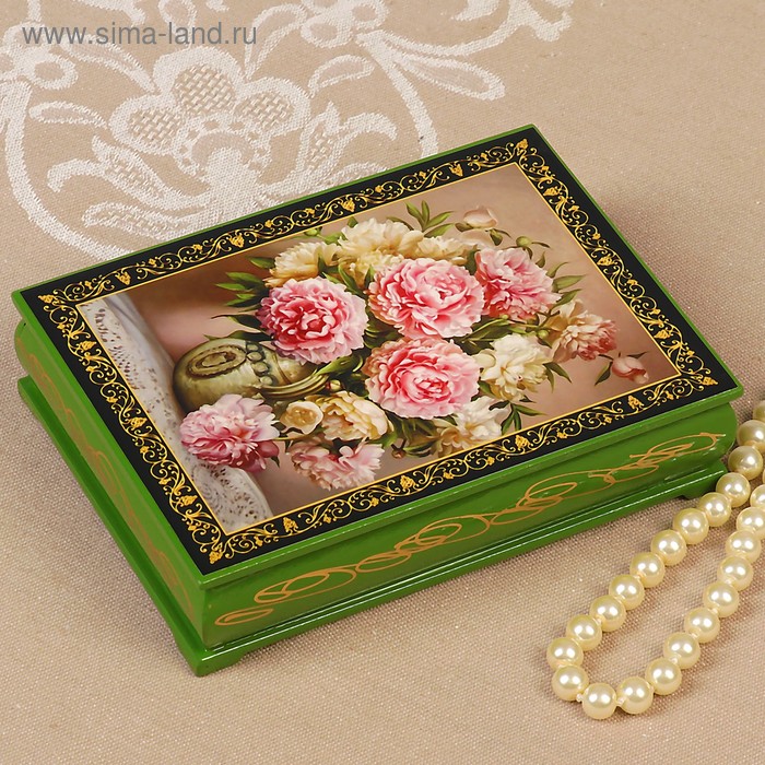 Шкатулка «Бело-розовые цветы», зелёная, 10×14 см, лаковая миниатюра