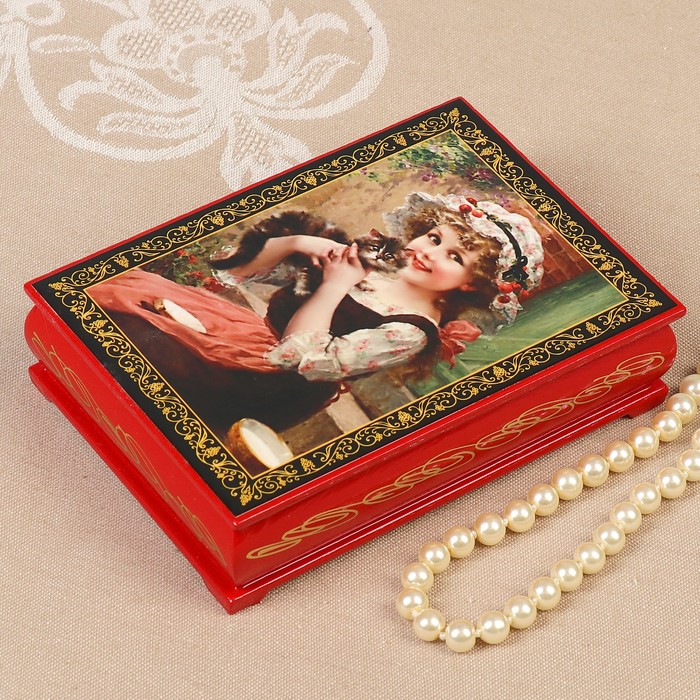 Шкатулка «Девочка с котёнком», красная, 10×14 см, лаковая миниатюра