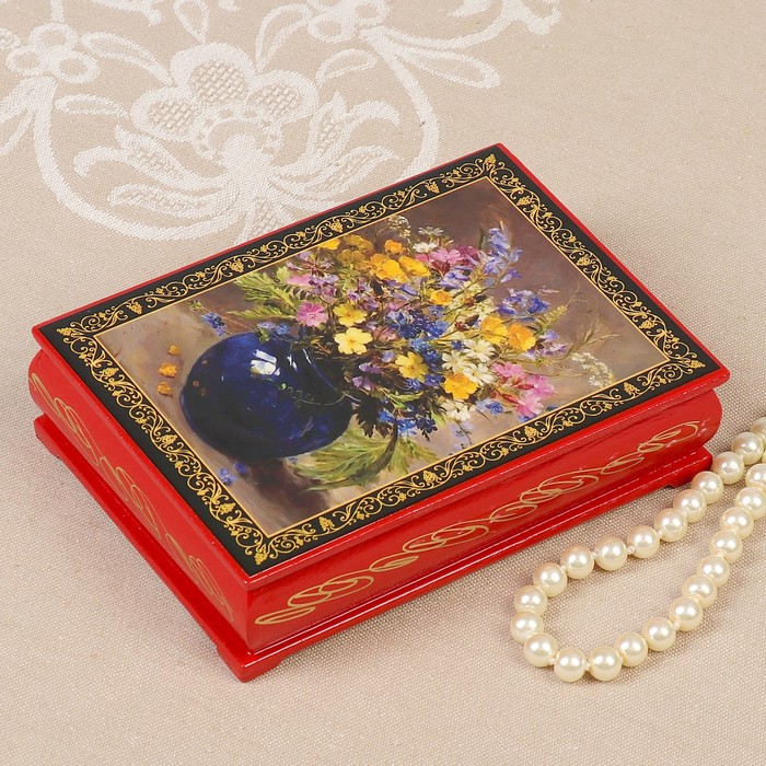 Шкатулка «Полевые цветы», красная, 10×14 см, лаковая миниатюра