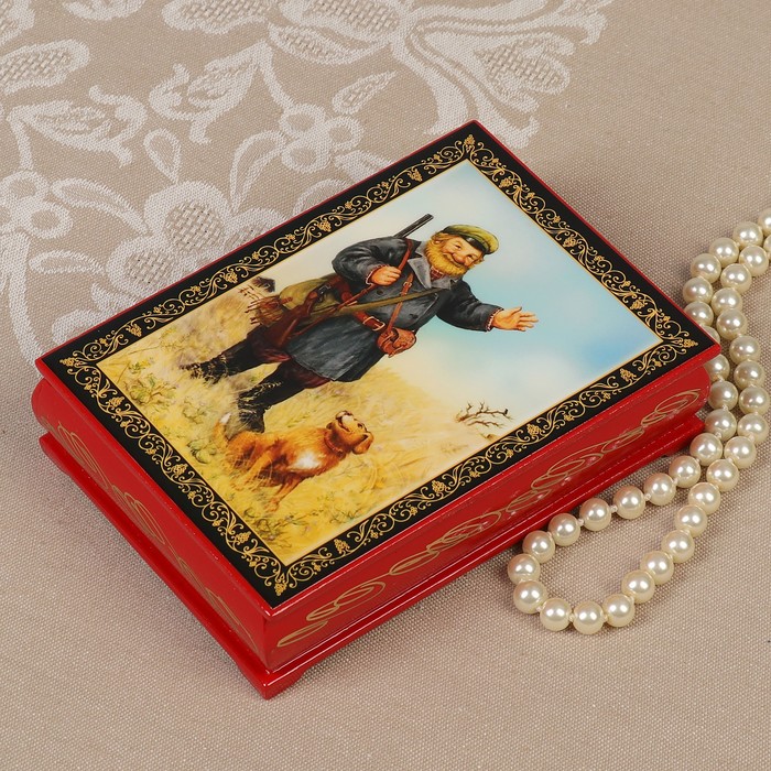 Шкатулка «Охотник», красная, 10×14 см, лаковая миниатюра