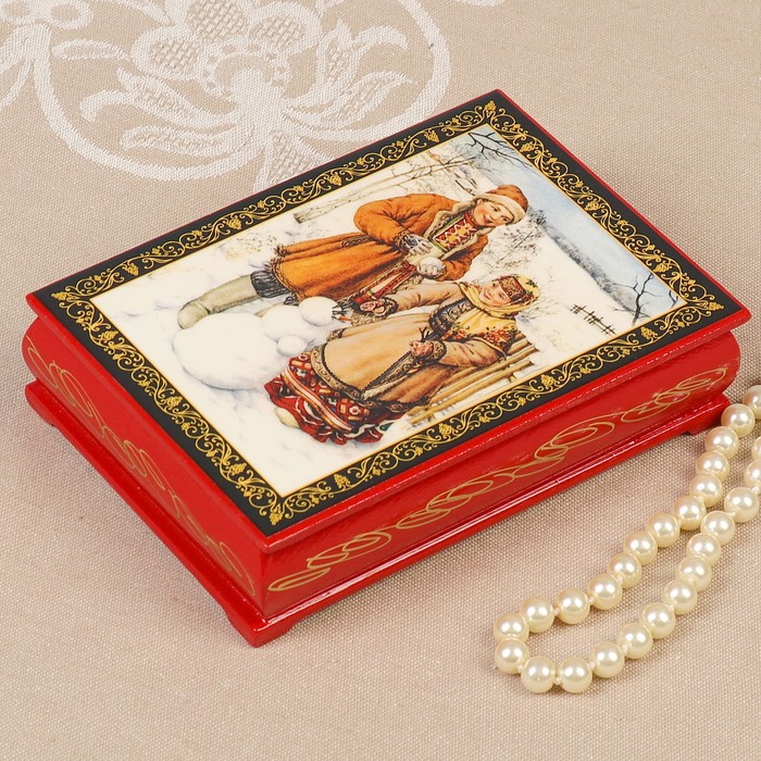 Шкатулка «Дети со снеговиком», 10×14×5 см, красная, лаковая миниатюра