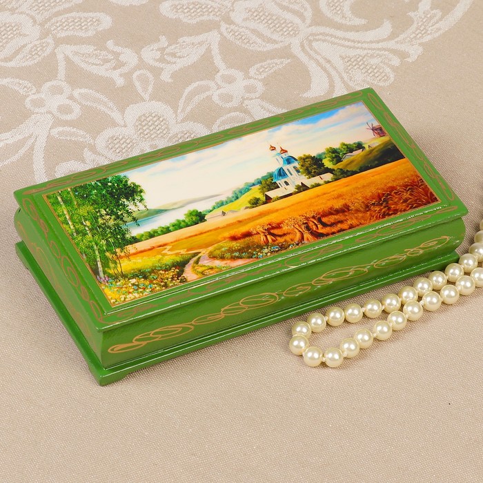 Шкатулка - купюрница «Церковь в поле», 8,5×17 см, зелёная, лаковая миниатюра