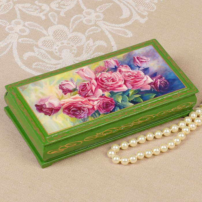 Шкатулка - купюрница «Розы», зелёная, 8,5×17 см, лаковая миниатюра