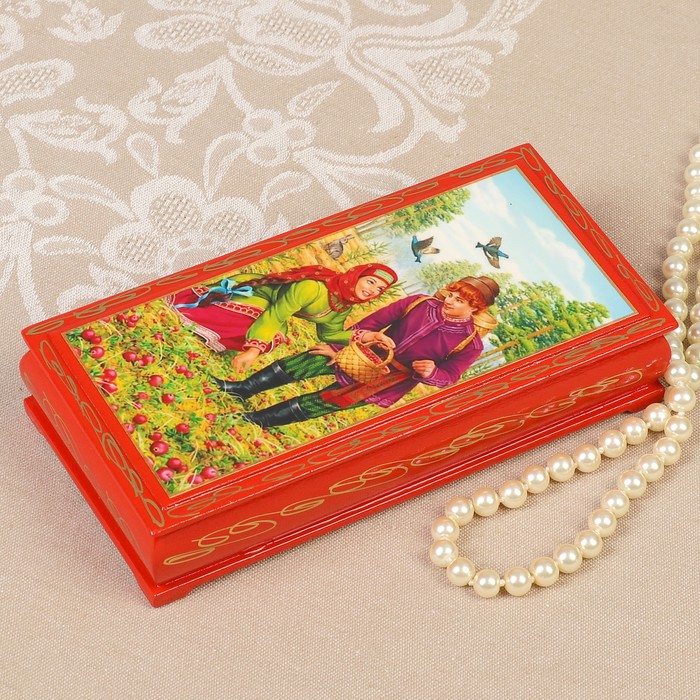 Шкатулка - купюрница «Парочка в лесу», красная, 8,5×17 см, лаковая миниатюра