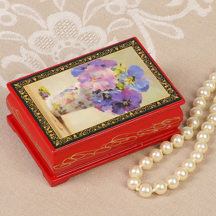 Шкатулка «Анютины глазки», красная, 6×9 см, лаковая миниатюра