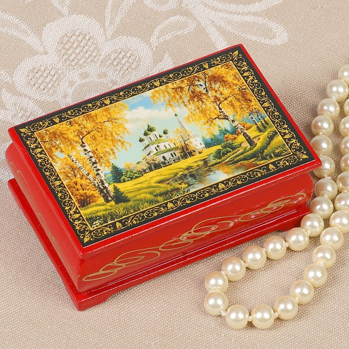 Шкатулка «Храм», красная, 6×9 см, лаковая миниатюра