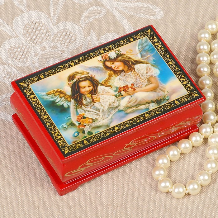 Шкатулка «Ангелочки», красная, 6×9 см, лаковая миниатюра