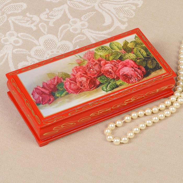 Шкатулка - купюрница «Розы», красная, 8,5×17 см, лаковая миниатюра