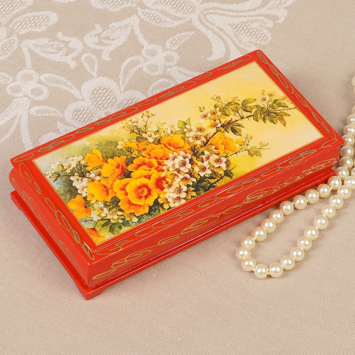 Шкатулка - купюрница «Цветение», 8,5×17 см, красная, лаковая миниатюра