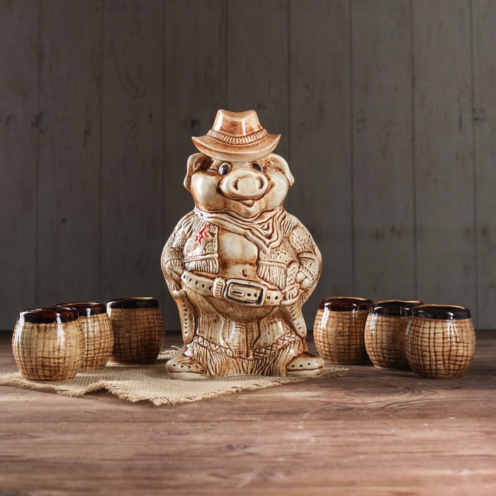 Коньячный набор "Свинка-шериф" 7 предметов, 1 л