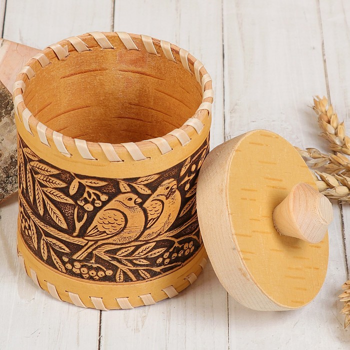 Туес «Снегири в рябине», 8х8х11,5 см, 220 мл, береста