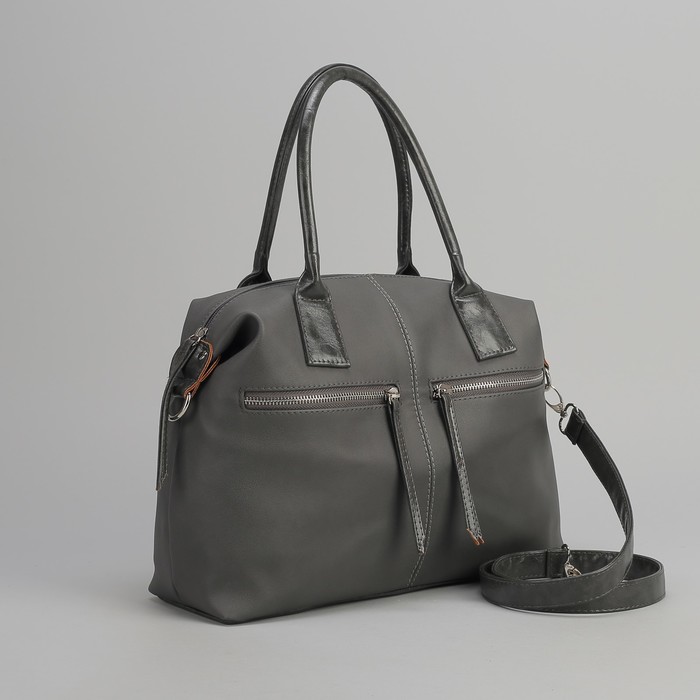Сумка женская, отдел с перегородкой на молнии, 3 наружных кармана, длинный ремень, цвет серый