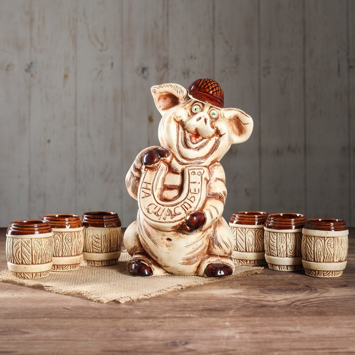 Коньячный набор "Свинья" 7 предметов, 1 л, шамот, микс