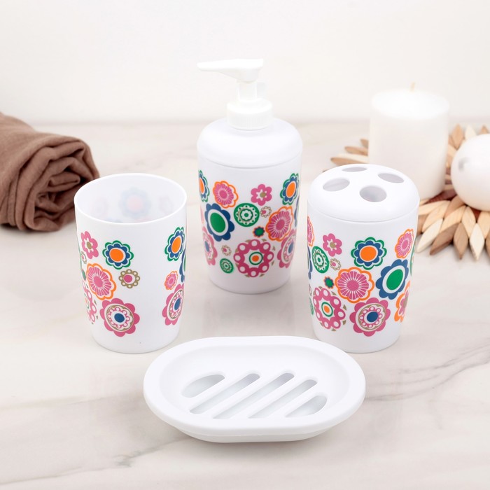 Набор для ванной 4 предм. (Мыльница, 2 стакана, дозатор для мыла) "Узоры", разноцветный