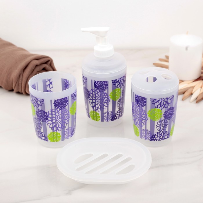 Набор для ванной 4 предм. (Мыльница, 2 стакана, дозатор для мыла) "Цветы", разноцветный