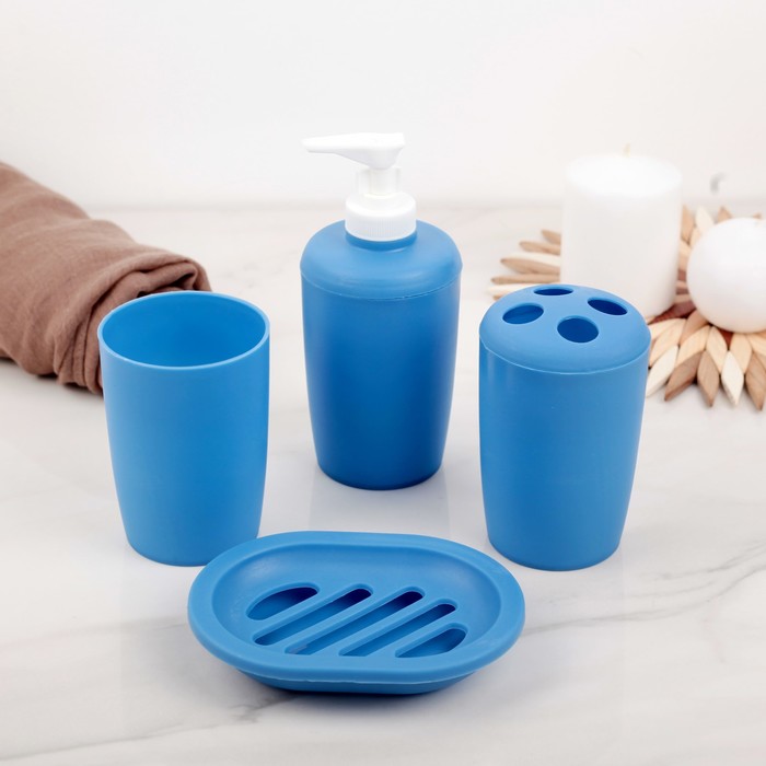 Набор для ванной 4 предм. (Мыльница, 2 стакана, дозатор для мыла), синий