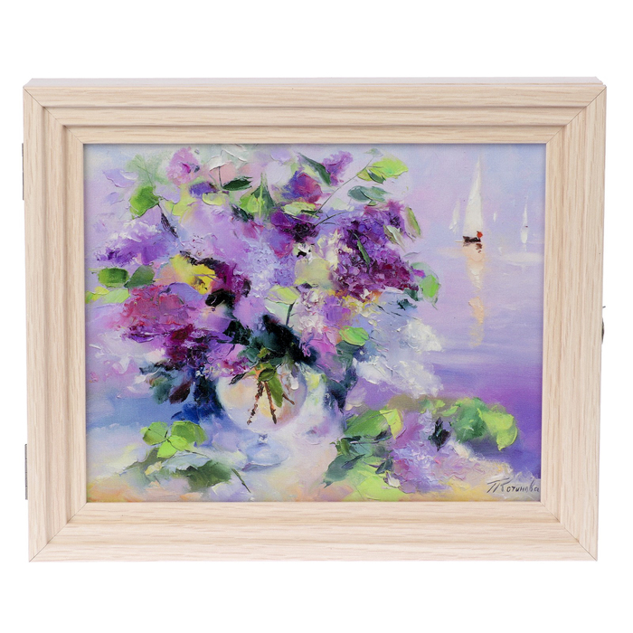 Ключница пирамида "Сирень и яхты" Выбеленный дуб 30х25х5 см