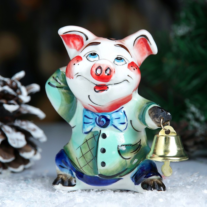 Сувенир «Поросёнок Шалун», с колокольчиком, 11 см, гжель, цвет