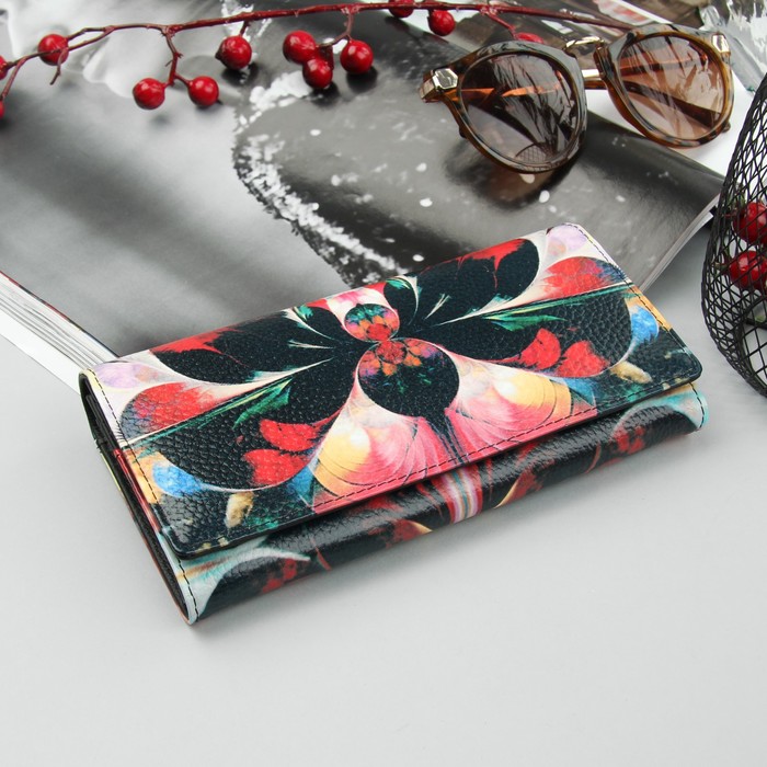 Кошелёк женский, 6 отделов, для карт, для монет, на клапане, наружный карман, цвет чёрный